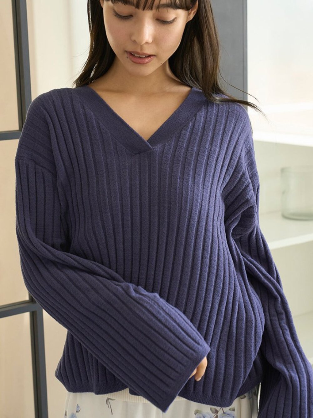 Gelato Pique Ribbed Top Size OS Navy V-Neck Airy Loungewear Staycation Japan